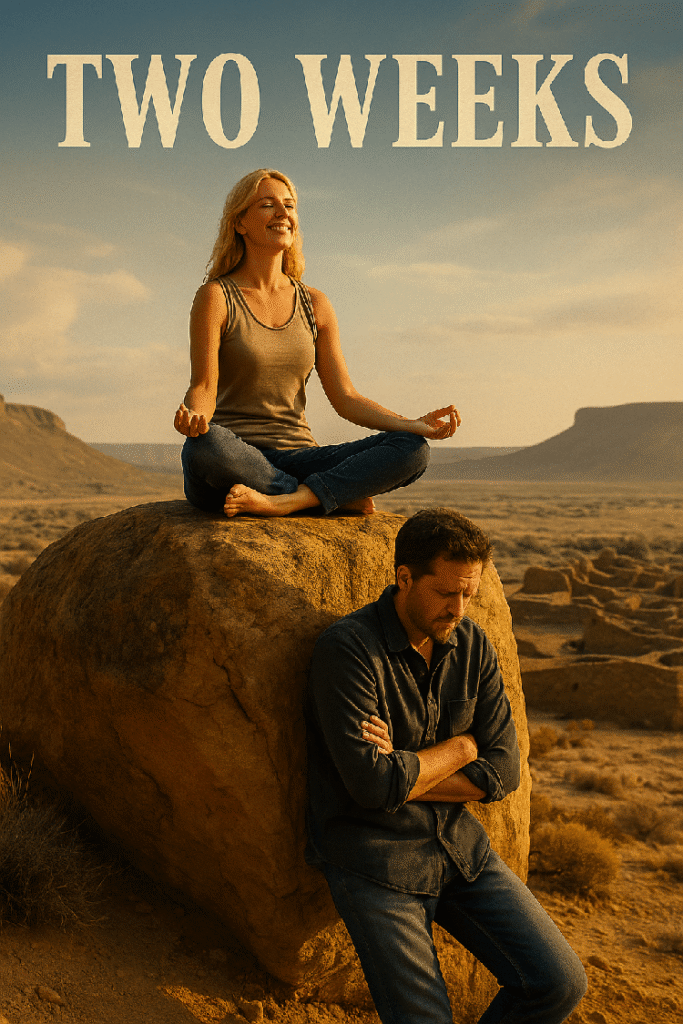 Two Weeks poster with woman sitting on top of a boulder in the lotus position meditating with a smile while a man leans against the boulder pondering.